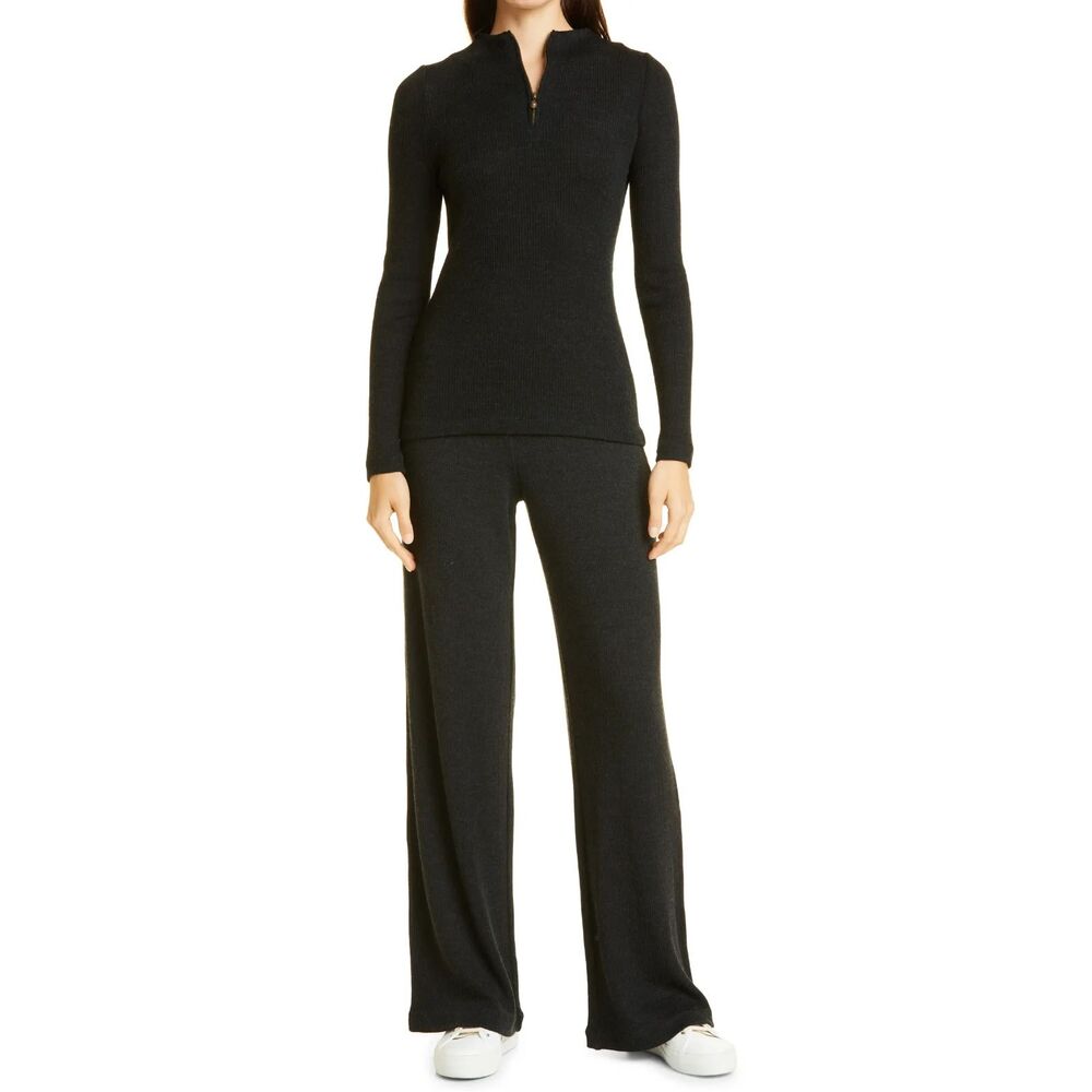 Vince Women's Wool SET Black Gray Ribbed Mock Top Small + Medium Wide Leg Pants